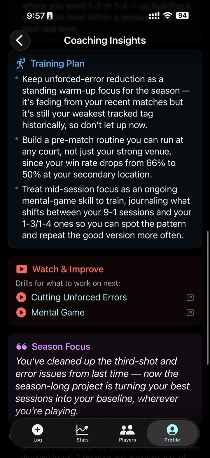 A training plan screen recommending drills to try.