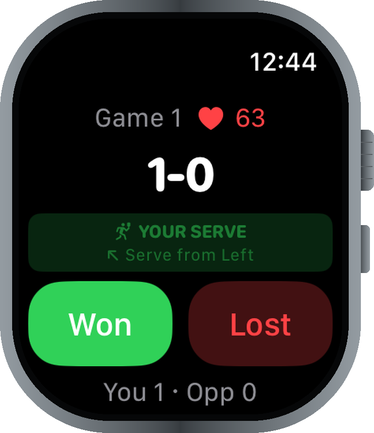 Apple Watch on the court showing live scoring: Game 1, score 1–0, YOUR SERVE, with big Won and Lost buttons to tap after each rally.
